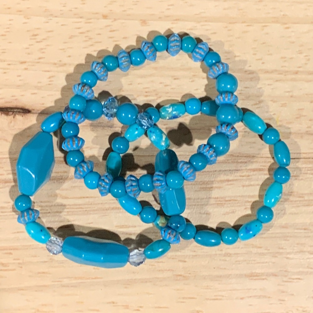 New Turquoise Blue Beaded Stretch Bracelet Set 3 Piece Boho Southwestern Coastal